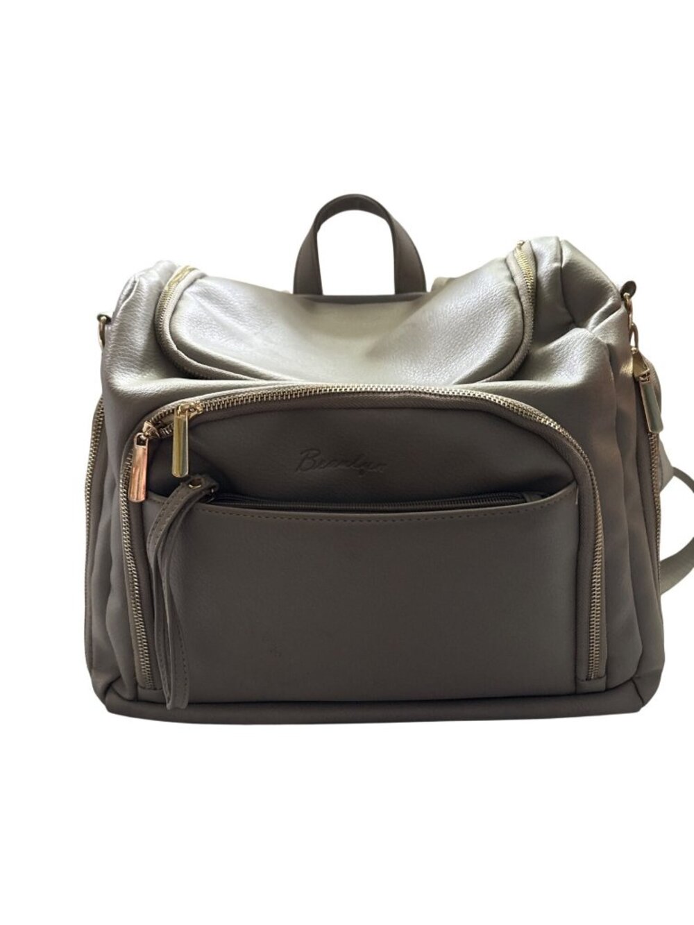 Gray Faux Leather Diaper Bag With Gold Accents & Multiple Zippered Compartments